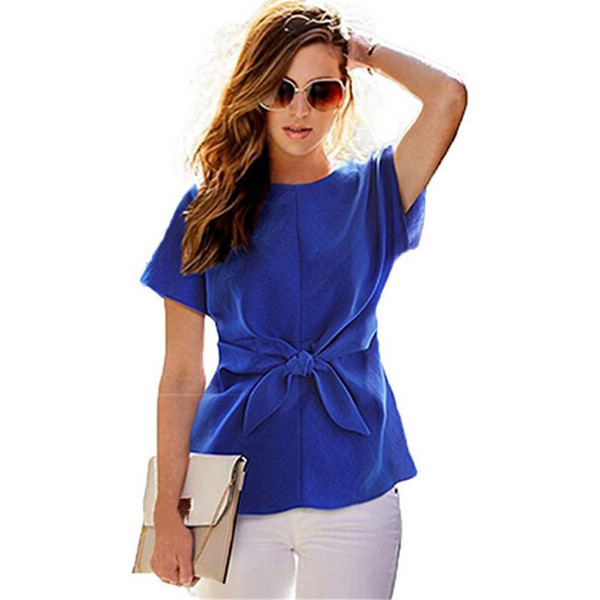 Women Shirt 2017 New Fashion Autumn Short Sleeve Bow Chiffon Shirts O-neck Office Blouse casual Blue White Pink Blouses