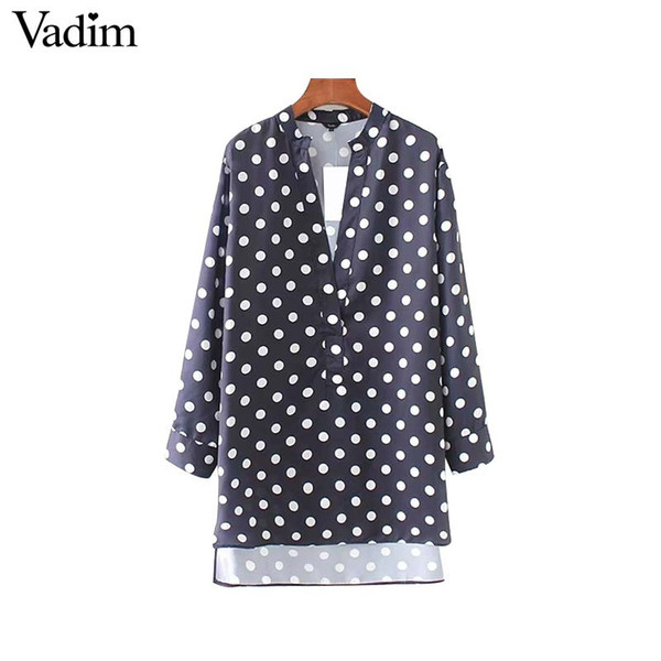 Vadim cute polka dot pattern long blouse V neck long sleeve side split shirts ladies fashion chic loose tops blusas LA212