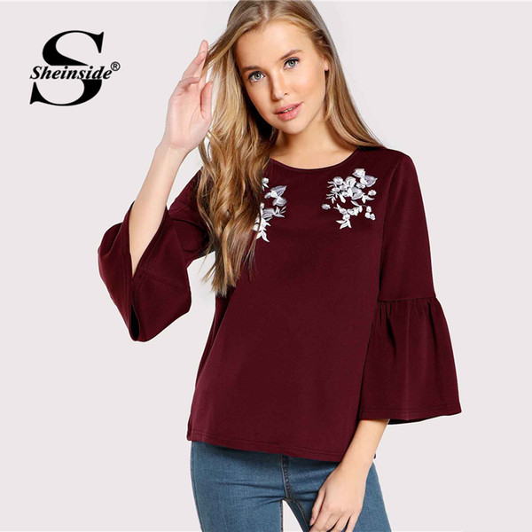 Sheinside Flower Embroidered Burgundy Ruffle Sleeve Ladies Work Top Women Plain Casual Shirt Autumn Womens Tops And Blouses