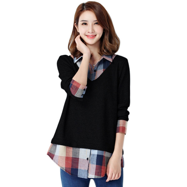 Women Casual fake 2 pieces Blouses Long Sleeves Plaid Patchwork Shirts Tops Big Size 3XL 4XL 5XL