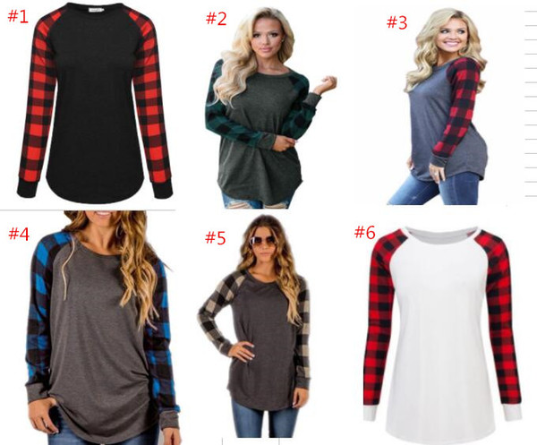 5XL Plus Size Women Plaid Panel Raglan T-shirts Large Size Long Sleeve Pullover T-shirt Fashion Sweatshirt Spring Autumn Shirt Tops DHL