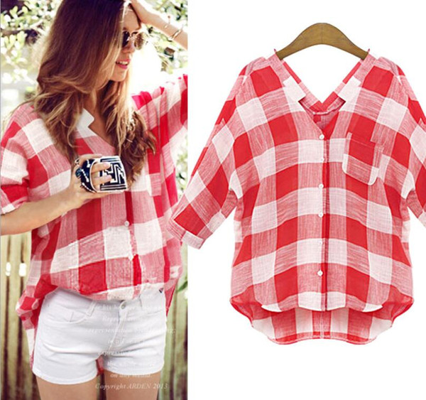 New women's plaid shirt casual oversized women's bottom shirt + size V collar summer fashion jacket M-5XL