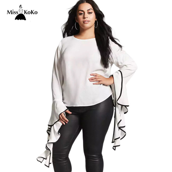 Misskoko Plus Size Women Blouse White O-Neck Butterfly Sleeve Shirts Long Sleeve Solid White Shirt Big Size 3XL 4XL 5XL 6XL