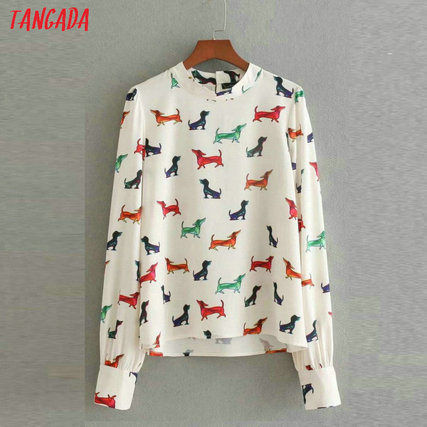 Tangada fashion women Dog animal print Chiffon blouse Stand long sleeve Shirt casual brand designer tops BE139