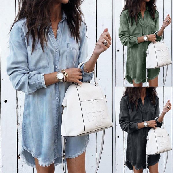 Women Shirts Casual V Neck Blouse Tassel Denim Top Ladies Tunic Long Sleeve Shirt Summer Long Tops Fashion