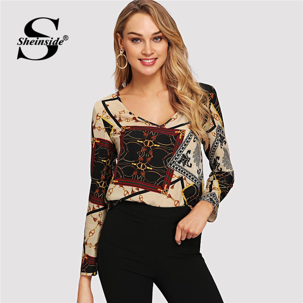 Sheinside V Neck Retro Scarf Print Top Female Casual Blouse Women Long Sleeve Shirts 2019 Multicolor Womens Tops and Blouses