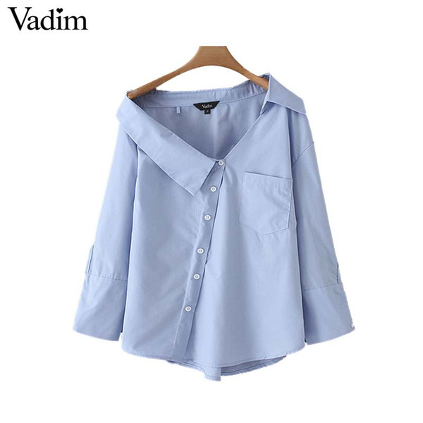 Vadim women stylish solid blue irregular skew collar blouse long sleeve buttons decorate shirts elegant female tops LB208