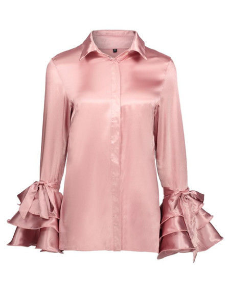 Spring Fall Women Turn Down Collar Shirts Ladies Satin Casual Top Female Pink Flare Sleeve Fashio Blouses Hidden Button