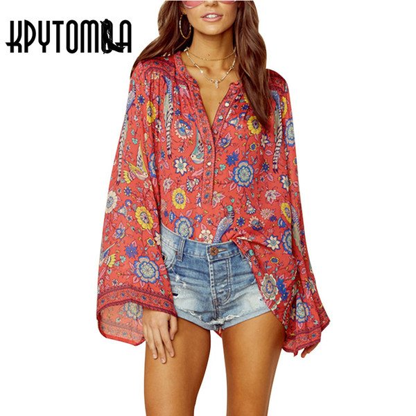 Boho Vintage Birds Floral Print Blouse Shirts Women New Fashion O Neck Long Flare Sleeve Laides Blouses Casual Femme Blusas