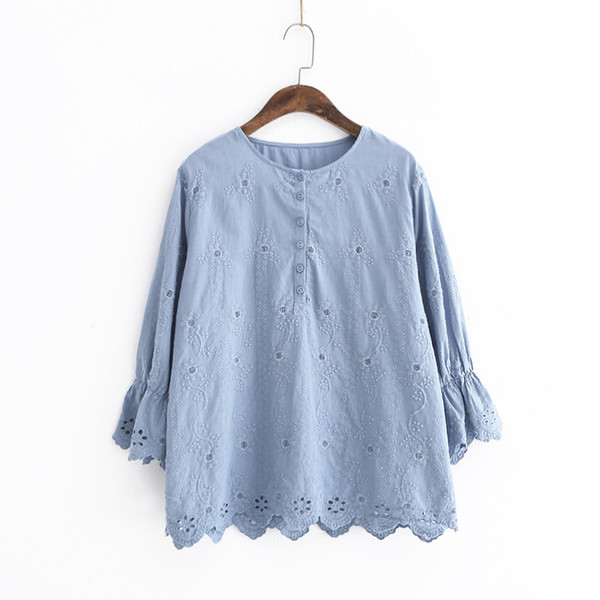 224-1110 Mori Girl Embroidered Shirt Spring New Female Sunflower Flare Sleeve Top Blouse