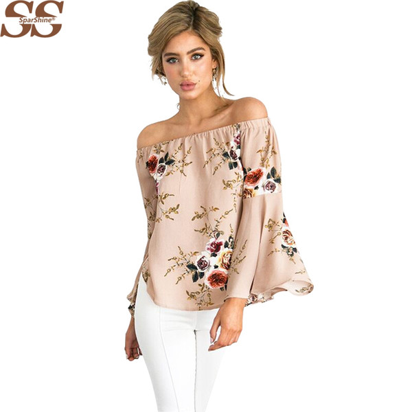 Blusas Mujer De Moda 2018 Women Flower Casual Beach Blouses Summer New Flare Sleeve Off The Shoulder Tops Chemise Femme