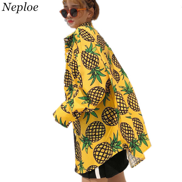 Neploe Harajuku Blouses Woman Medium-long Shirt Long Sleeve Turn-down Blouse Pinapple Print Tops Korean Causal Shirts 35135