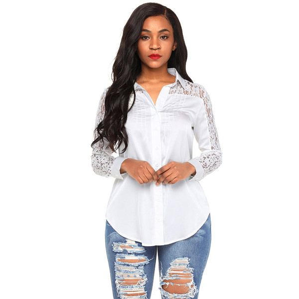 2018 New Fashion Spring Lace Patchwork Blouses and Shirts Women Long Sleeve Hollow Out Blusas Ladies Plus Size Shirts Femme Tops