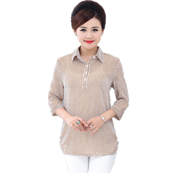 WAEOLSA Middle Aged Woman Casual Shirt Beige Black Pin Striped Tops Spring Summer Women Turn Down Collar Blouses Lady Shirt 2018