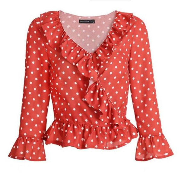 Sexy V neck Polka Dot Ruffles Chiffon Shirt New Wood ear Hem Pullover Flare sleeve Blouse Tops blusas femme Red Blue Black