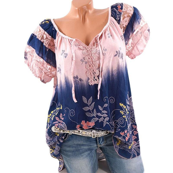 Women Summer Blouse Shirt Floral Printed Blouses Lace Up Shirt Ladies Casual Women Shirts Tops Blusa S-5XL Female WS6922O