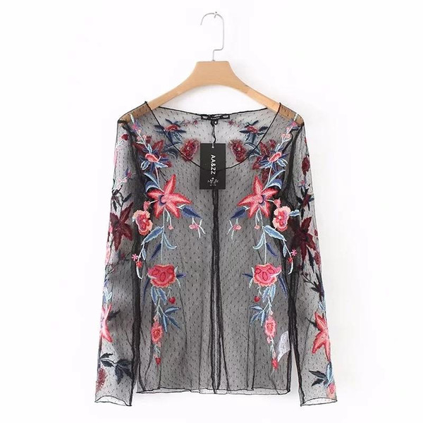 Fashion Women Flower embroidery Perspective V-Neck shirts Casual Long sleeve Blouses Loose Tops chemise femme blusas S2333
