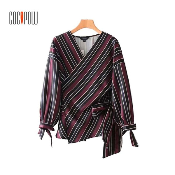 ZA 2018 Women Cross V Neck Bow Tie Striped Loose Shirt Oversized Sashes Long Sleeve Retro Blouse Ladies Casual Chic Tops Blusas