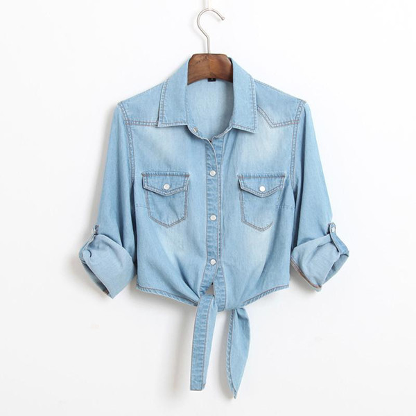 Hot Sale New Summer Casual Cropped Sleeves Women Shirt Female Denim Shirts Women'S Fashion Short Blouse Girls Slim Top