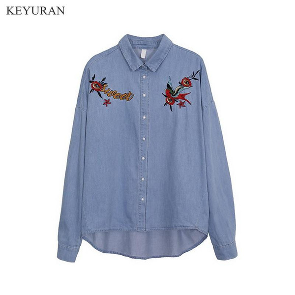 2018 Women Floral Birds Embroidery Denim Blouse Lape Single-breasted OL Jeans Shirt Fashion High Quality Tops For Ladies L1821