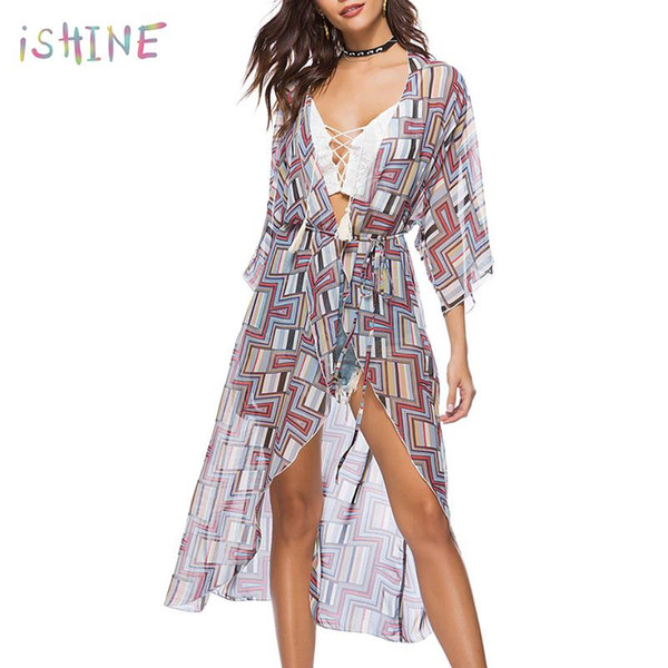 Women Summer Blouse Geometric Print Beach Chiffon Shirt Long Blouse Cover Ups Tunic Beach Kimono Tops Blusa Feminina
