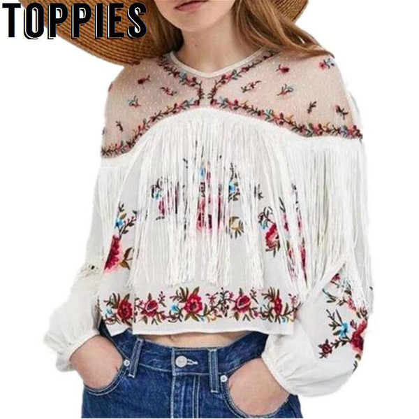 Toppies Women 2018 Floral Embroidery Pullovers O-neck Lantern Sleeves Vintage Mesh Blouse with Tassels Boho Tops