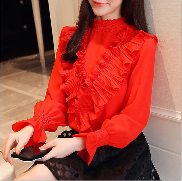 2018 Spring New Women Ruffled Turtleneck Chiffon Ruffles Blouses Shirts Female Full Lantern Sleeve Blouses Woman