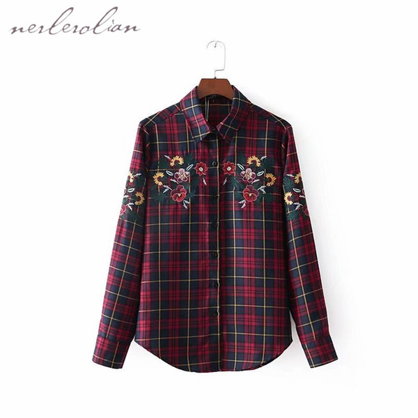 Nerlerolian Women Cotton Plaid Shirts Long Sleeve Turn-down Collar Floral Embroidery Casual Button Fly Spring Top Blouses LYZ