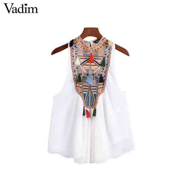 Vadim women vintage embroidery patchwork blouse tassel sleeveless see through ladies retro casual white black tops blusas WA091