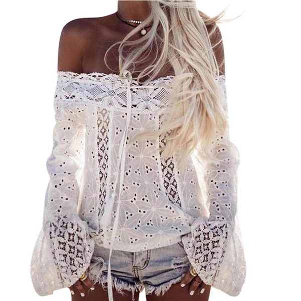 Women Off Shoulder Blouses Long Sleeve Lace Loose Blouse Tops Shirt blusas chemise femme manche longue