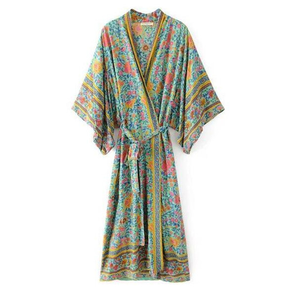 Ethnic Cross V neck Flower Print with sashes Kimono Shirt Bohemeian New Bandage Long Cardigan Blouse Tops blusas femme blusa
