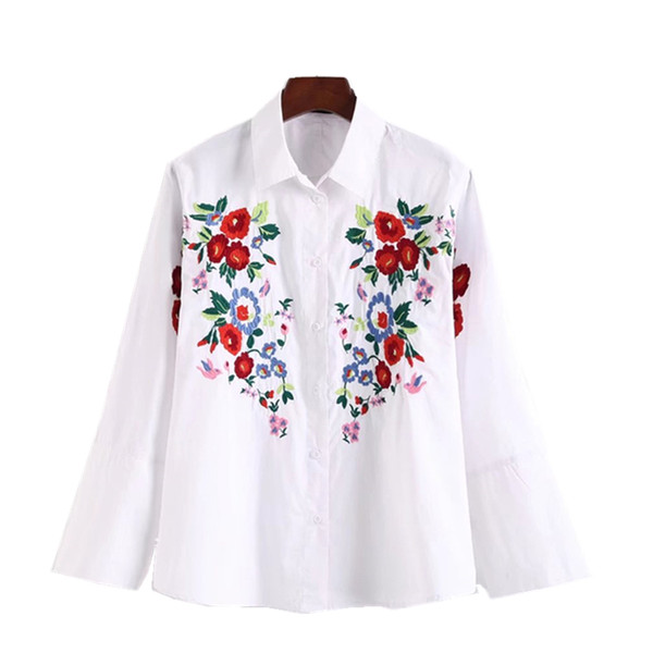 New fashion women Long sleeve shirts floral embriodery white blouse shirts Female Size S,M,L