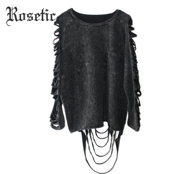 Rosetic Casual Hole Blouse Black Straight Women Casual Shirts Worn Punk Gothic Style Darkness Fall Loose Tops Goth Hole Blouses