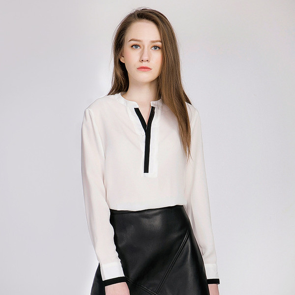 wholesale Black and white chiffon shirt lady fashion autumn European and American style v collar chiffon long sleeve shirt