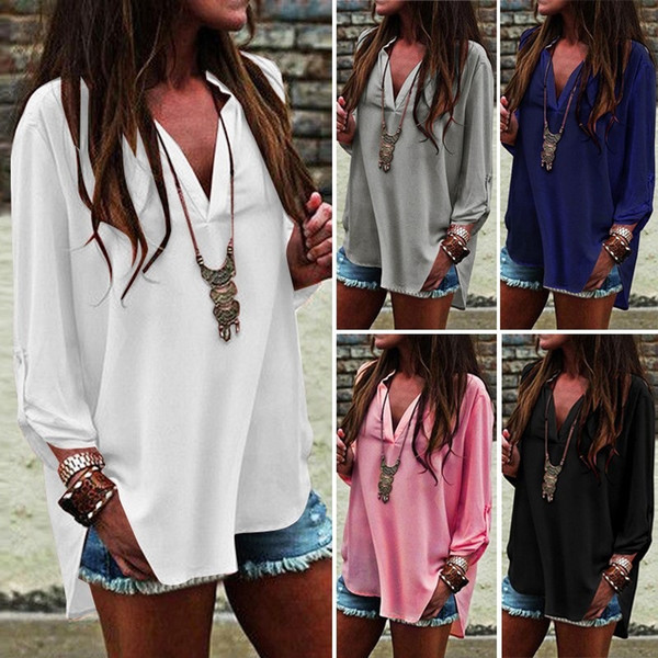 Fashion Autumn large size design top blouse woman pure color V-neck long sleeves woman casual blouse