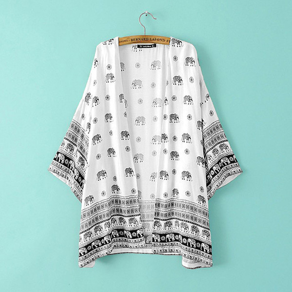 2017 Women Summer Boho Kimono Women Print Elephant Casual Loose Long Chiffon Kimonos Cardigan Female Blouse Tops #823