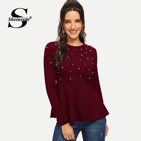 Sheinside Pearls Beaded Elegant Blouse Peplum Top Red Ruffle Hem Ladies Tops And Blouses 2018 Autumn Women Long Sleeve Shirts