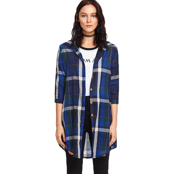 New Women middle long Shirt female long Sleeve plaid shirts Women's Casual Tops S-2XL