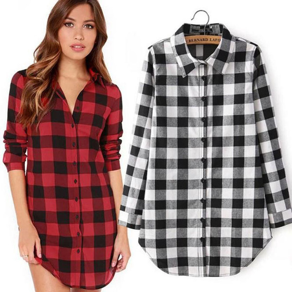 Women's Plaid Shirt Buffalo Plaid Long Tunic Loose Long Sleeve Casual Button Down Shirt Top Blouse