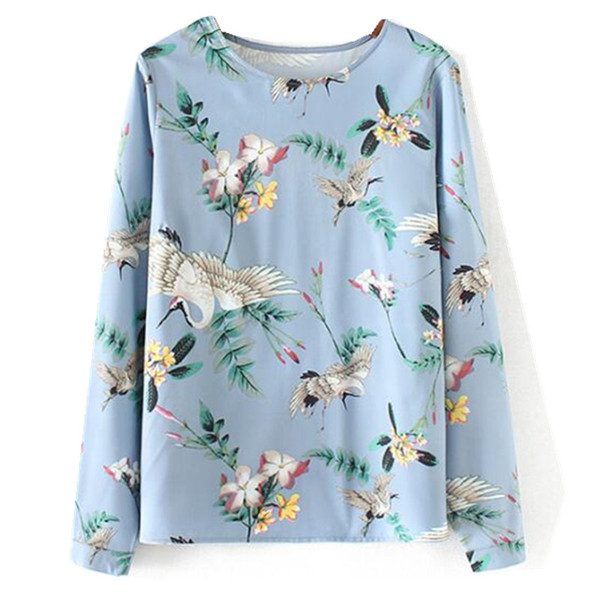 Prairie Chic Crane Flower Print Shirt Vintage New Woman O neck Long Sleeve Pullover Blouse Femme Casual Tops