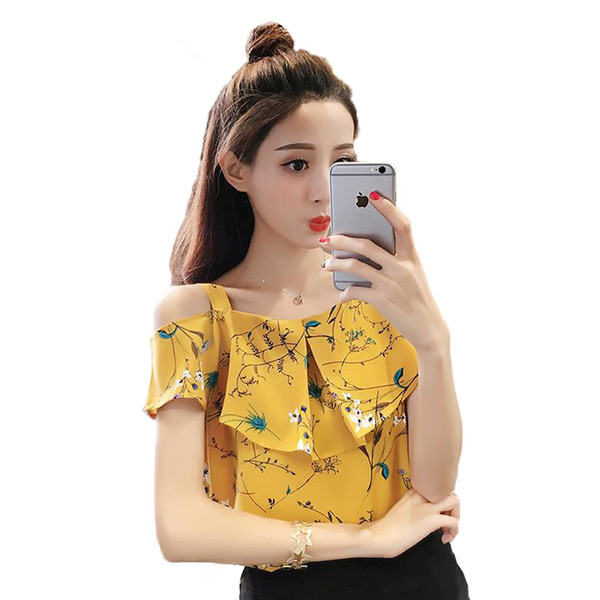 New Flower Print Chiffon Blouse Women Sexy Slash Neck Off Shoulder Buerfly Sleeve Bandage Shirt Womens Tops and Blouses MY653