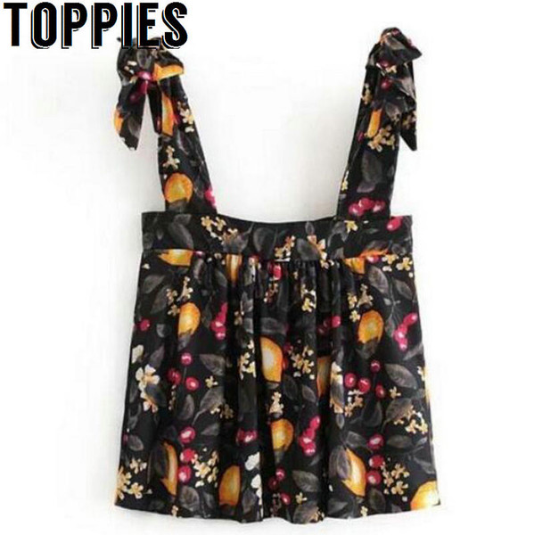 Toppies Women 2018 Summer Lemon Printed Sleeveless Bow Ties Chiffon Blouse Square Collar Loose Causal Tank Tops