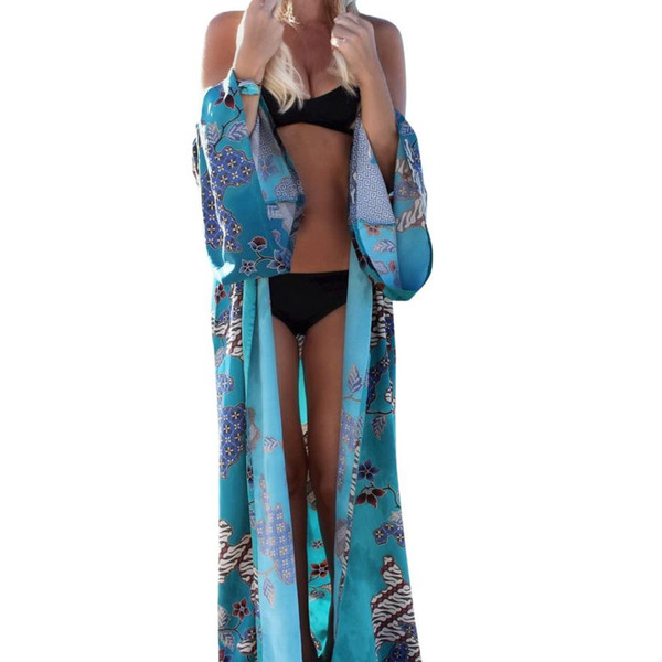 Feitong Summer Women Floral Bohemian Long Sleeveless Chiffon Beach Long Oversized Kimono Blusas feminina