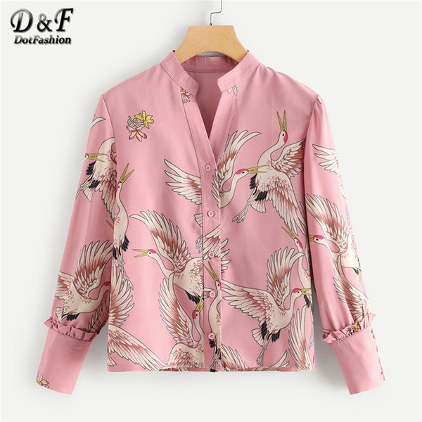 Dotfashion Frill Detail Crane Print Womens Tops And Blouses Spring Casual Stand Collar Ladies Top Long Sleeve Placket Shirt