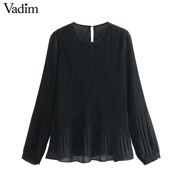 Vadim women chic black white chiffon blouse long sleeve O neck pleated shirts solid female casual wear tops blusas LA676