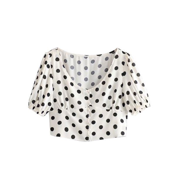 CS620 Women Chic Dot Print Short Blouse V Neck Puff Sleeve Crop Tops