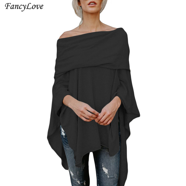 Wholesale-Fancylove Plus Size Womens Tops and Blouses 2017 Off Shoulder Irregular Full Sleeve Ladies Tops Black Red Dip Hem Casual Blouse