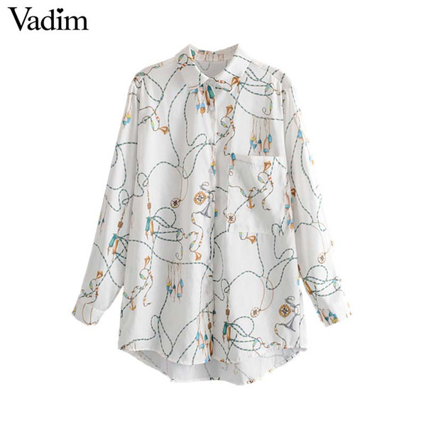 Vadim women casual chain print blouse pocket turn down collar long sleeve irregular shirts female chic sweet tops blusas LB173