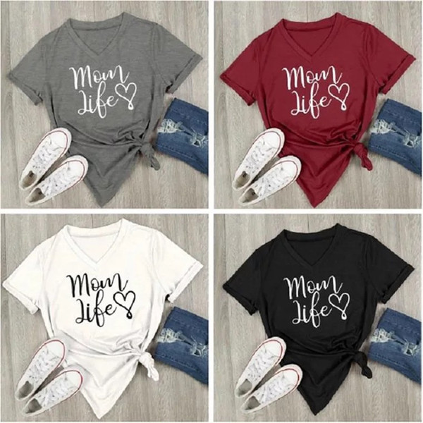 Summer Women T-Shirts Mom Life Letter Printed V-Neck Short Sleeve Tops Casual Tshirt Female Tee Loose Tees