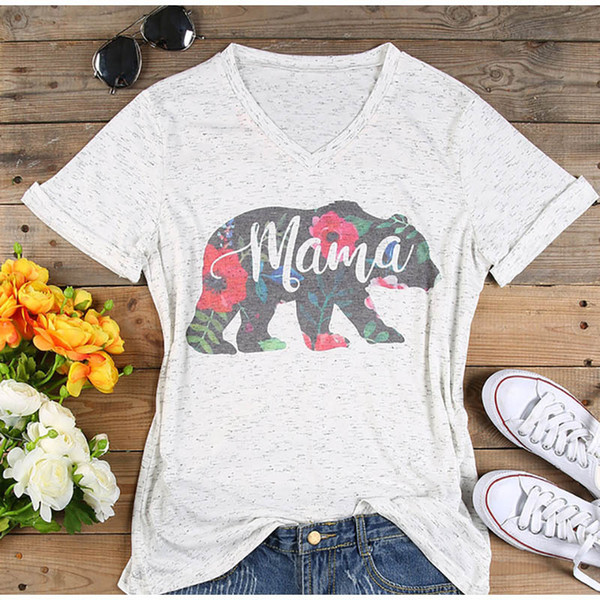 Plus Size T Shirt Women V Neck Short Sleeve Summer Floral Mama Bear Casual Female Tee Ladies Tops White T-shirts